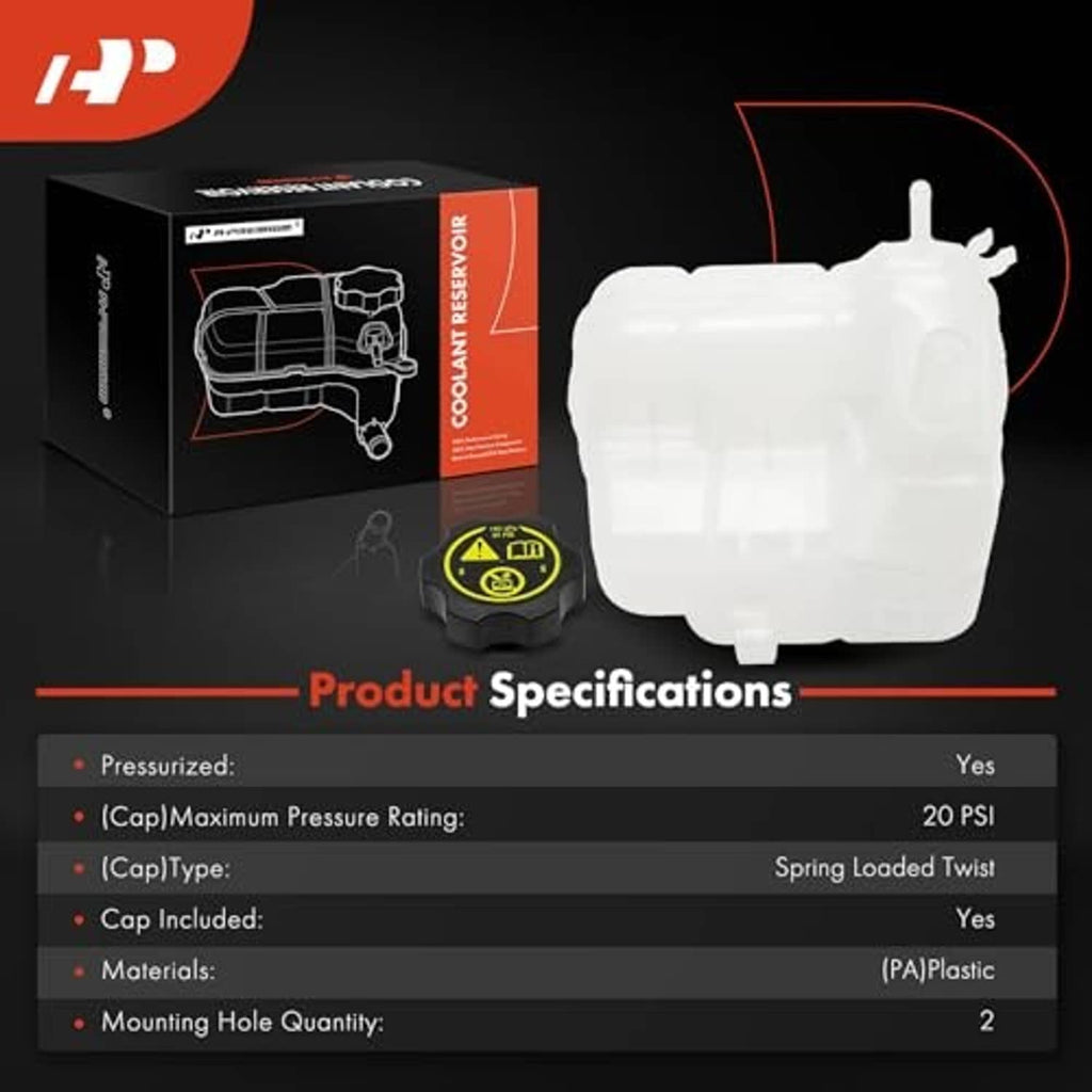 Coolant recovery overflow reservoir tank with cap, translucent white tank in angled view