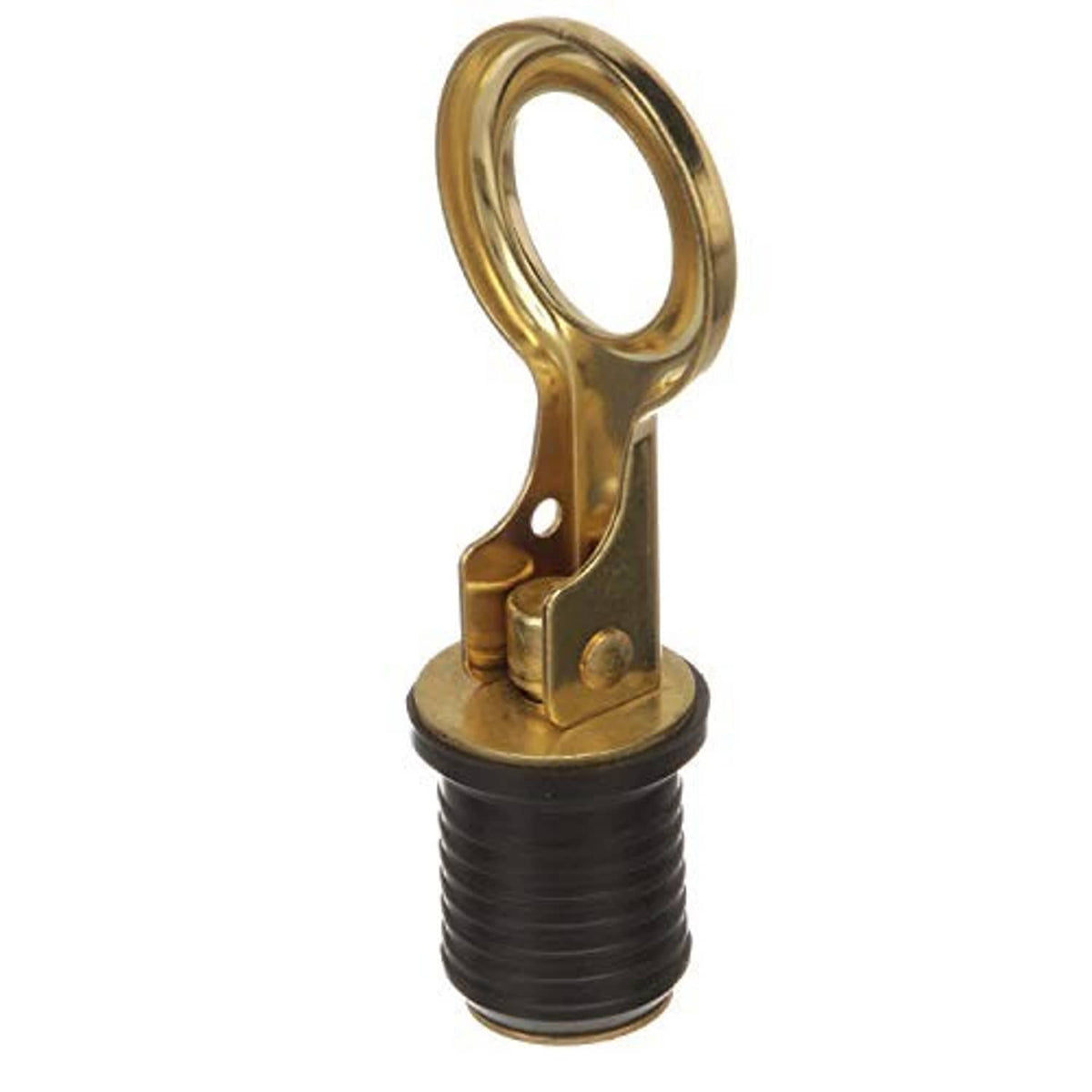 Snap-handle drain plug with brass spring clamp and black ribbed rubber stem