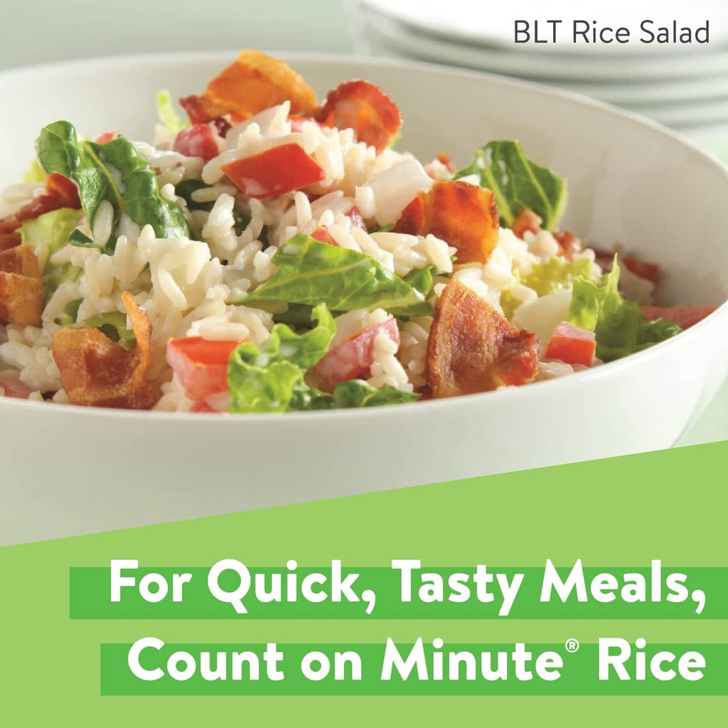 Instant white rice package beside a bowl of rice salad with leafy greens