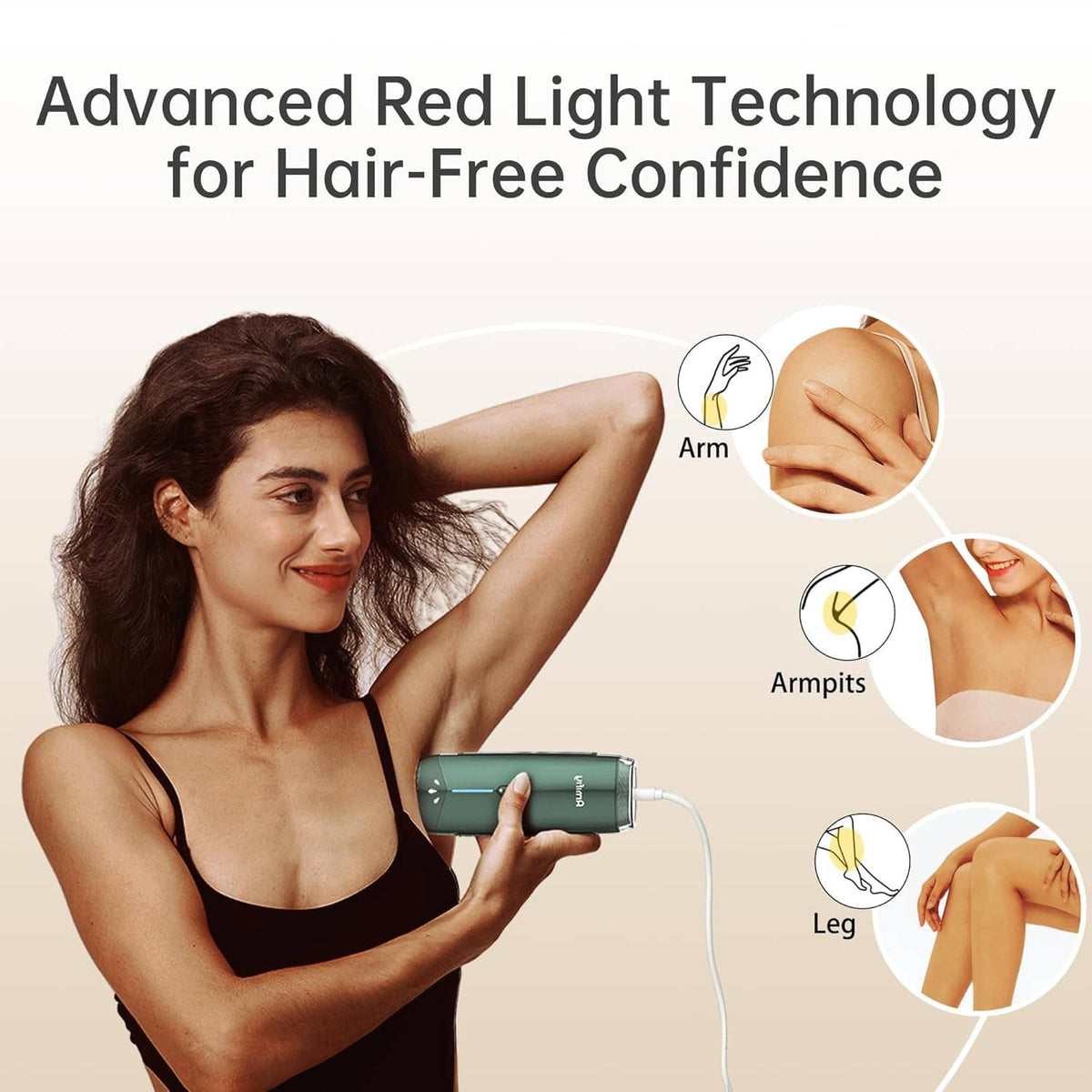 Handheld green IPL hair removal device applying light to an arm