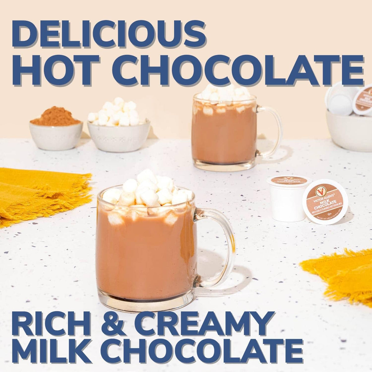 Rich and creamy milk chocolate hot cocoa with marshmallows and single-serve pods