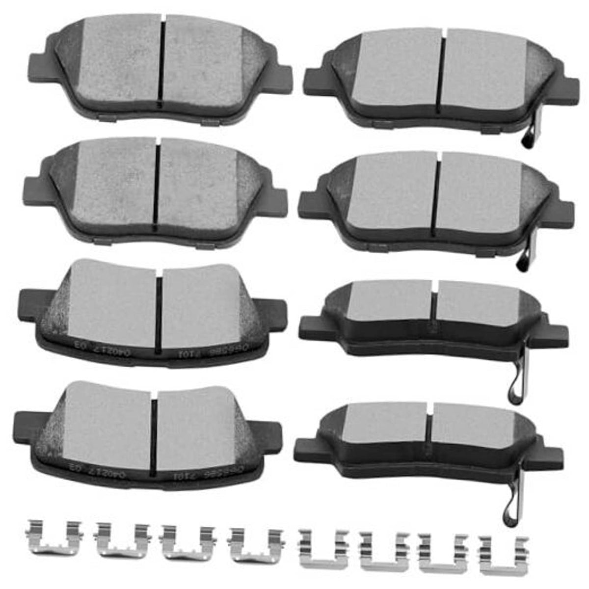 8-piece ceramic brake pad set with clips and shims, front and rear pairs
