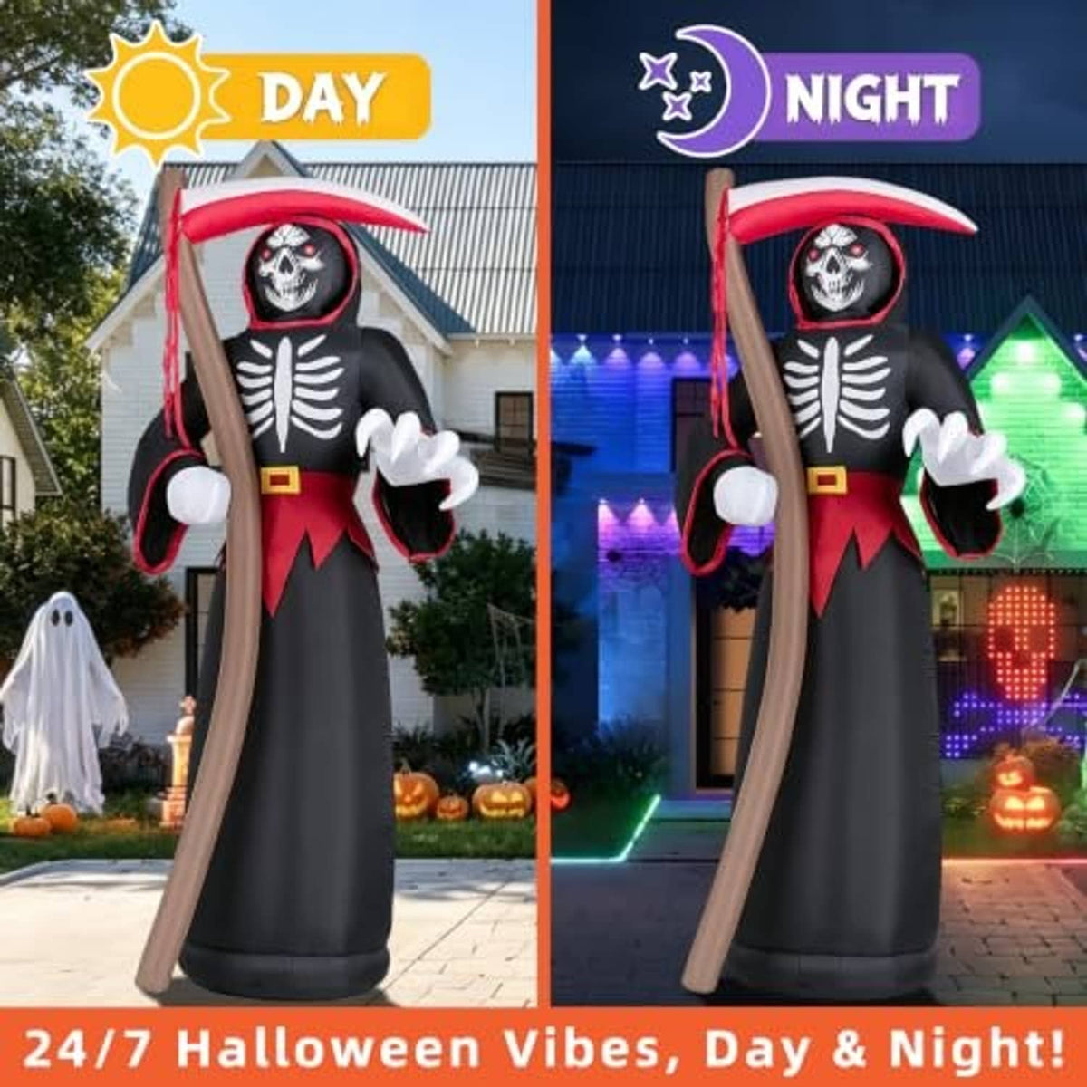 Halloween inflatable grim reaper with red hood, black robe, white skull face, extended arms