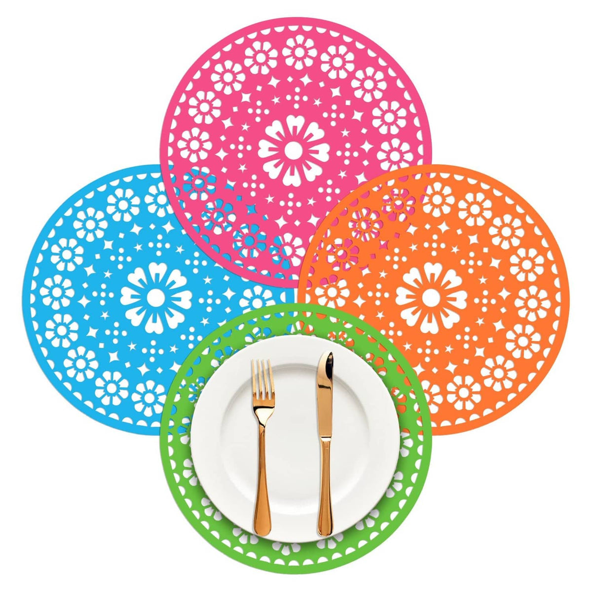 Colorful circular Mexican paper place mats with pink, blue, orange, and green patterns
