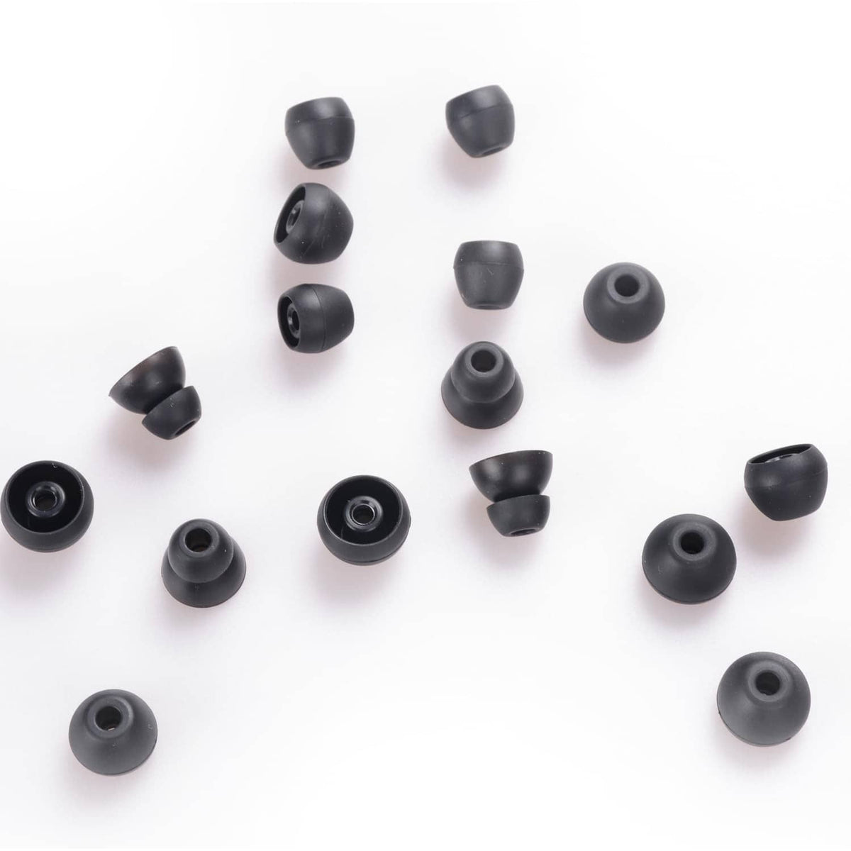 Black silicone earbud replacement tips, assorted domed shapes with openings