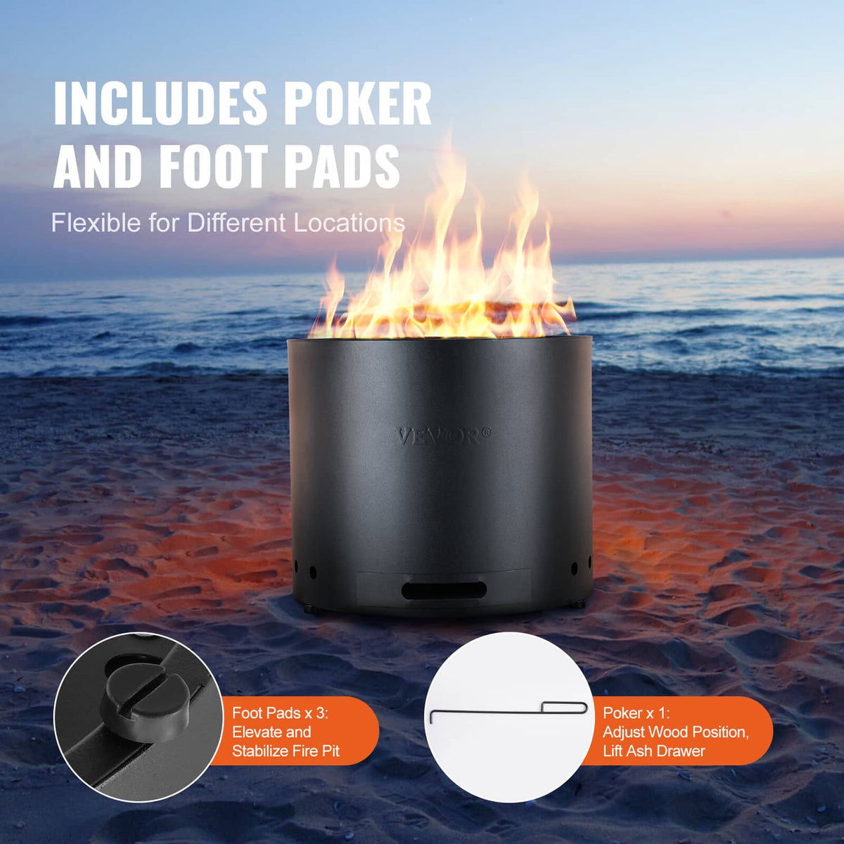 VEVOR smokeless fire pit stove with poker and foot pads, flames rising from round body