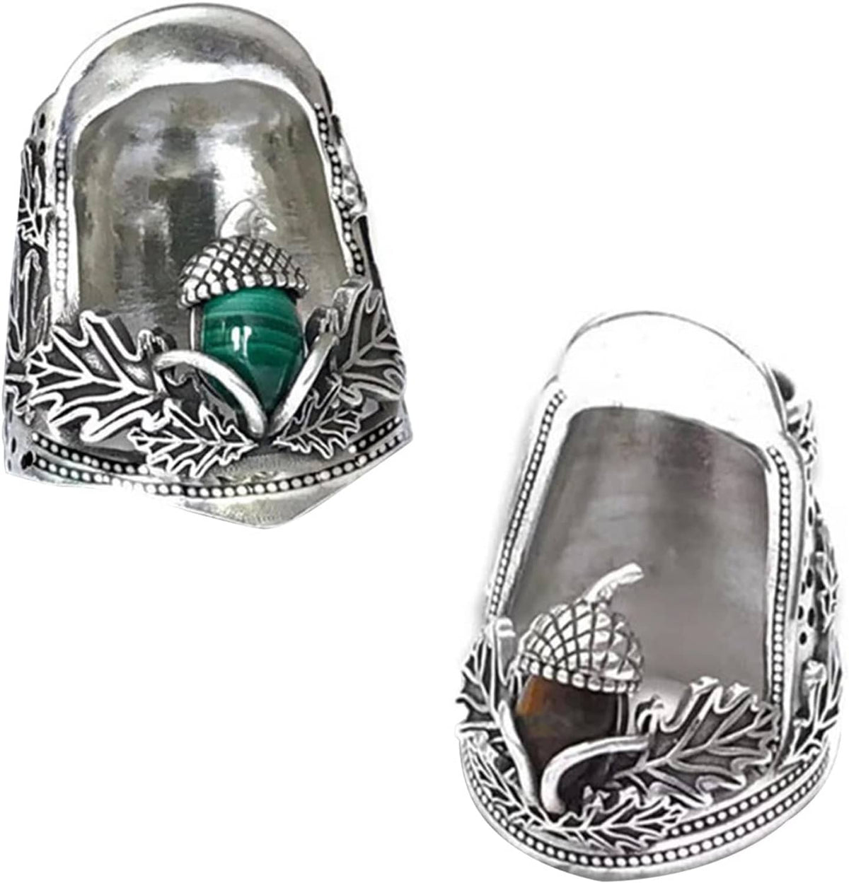 Metal acorn open nail thimble with green gem, leaf engravings, for sewing