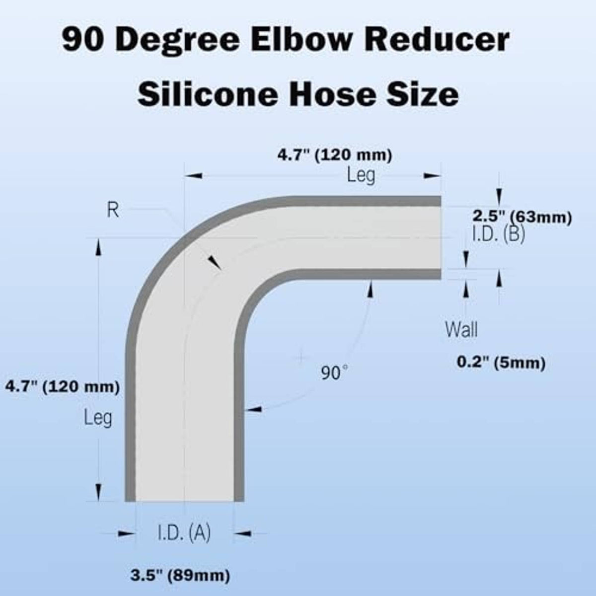 90-degree silicone elbow reducer hose diagram with curved reducer shape
