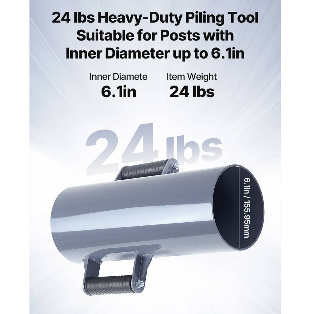 Gray manual fence post driver with circular impact tube, ribbed grips, and side mounting bracket