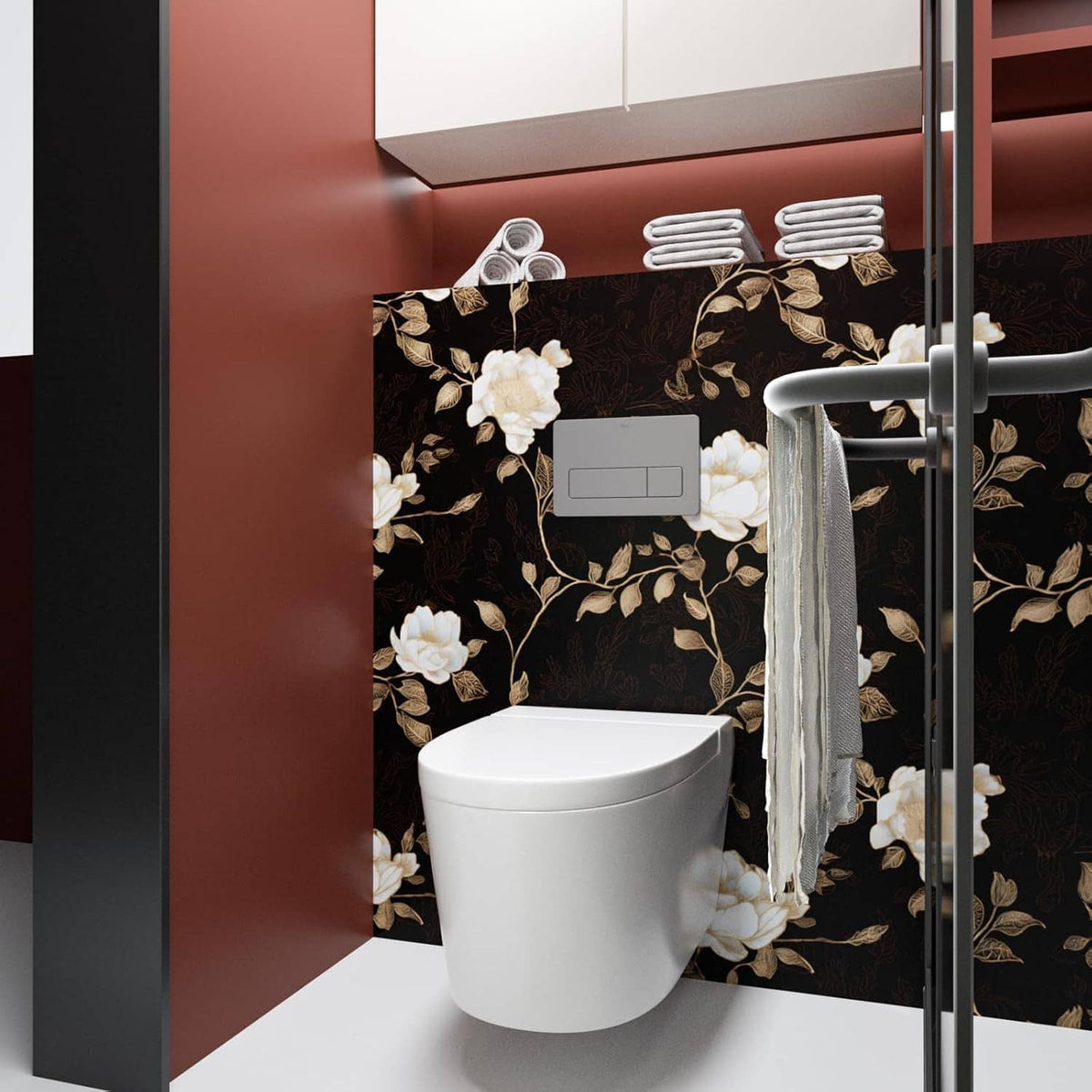 Black floral wallpaper with golden roses and leaves covering a bathroom wall niche