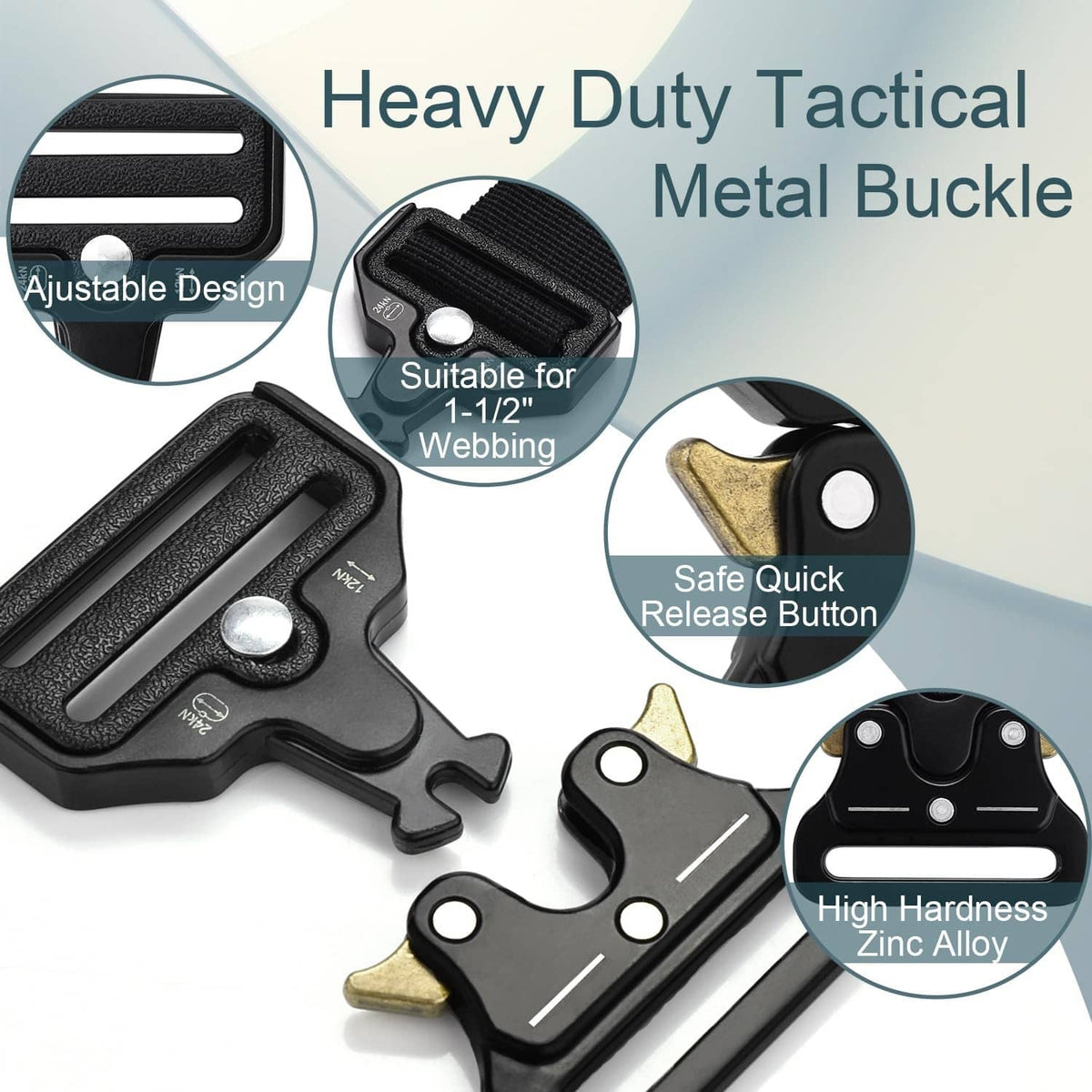 Black heavy-duty tactical metal buckle with adjustable strap and quick-release button