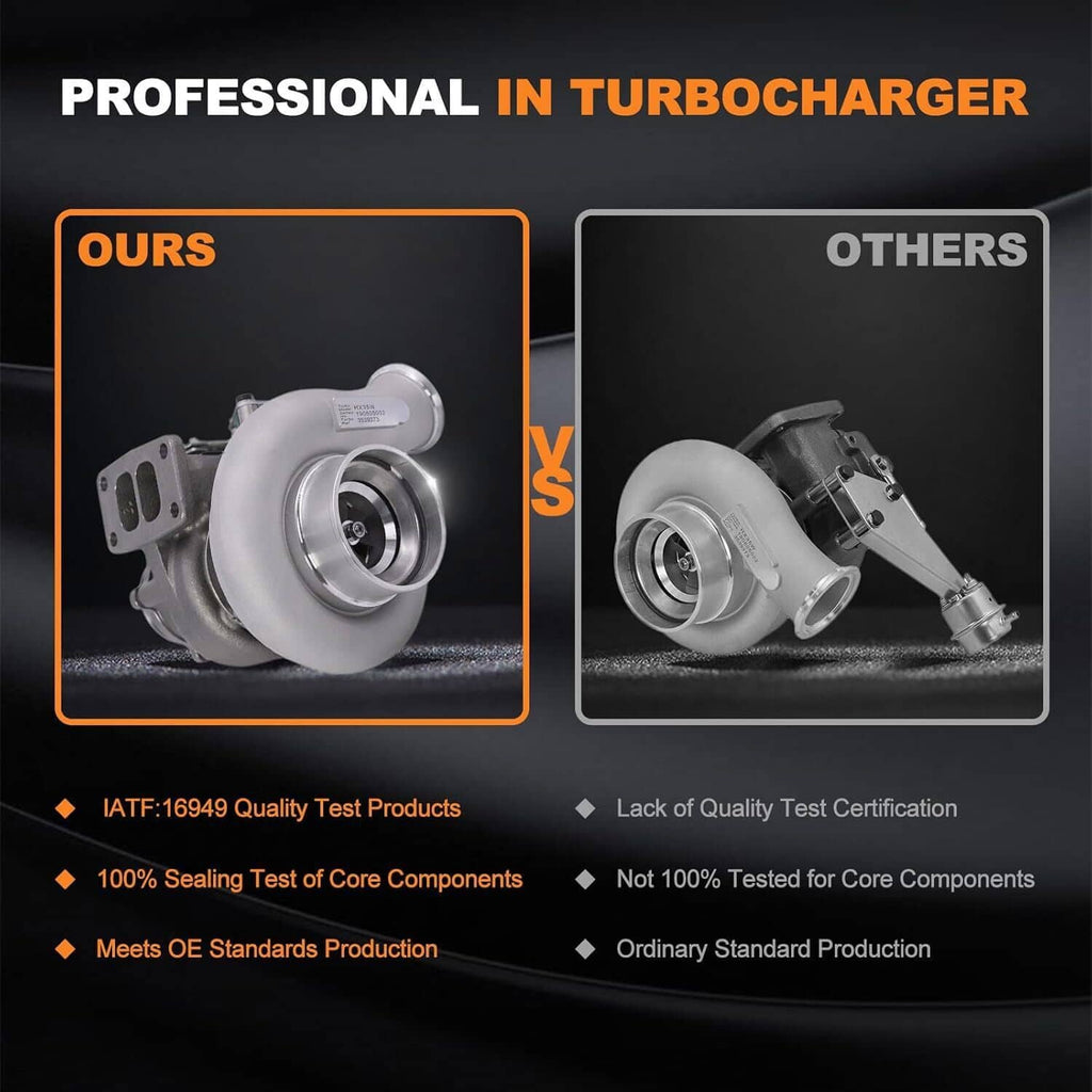 HX35W turbocharger assembly with compressor wheel and outlet flange, front-left view.