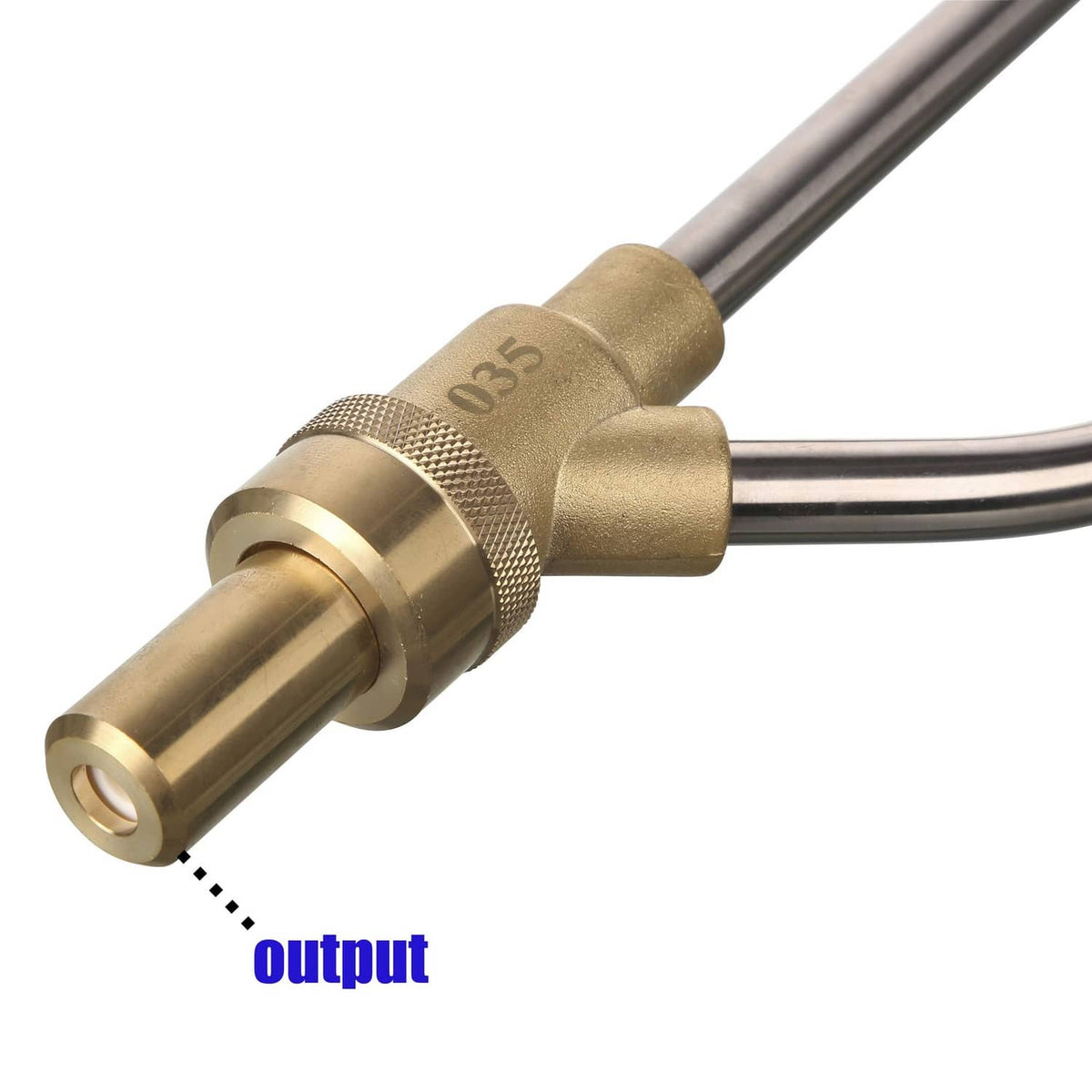 Close-up brass sandblaster nozzle and output tip with 3.5 marking