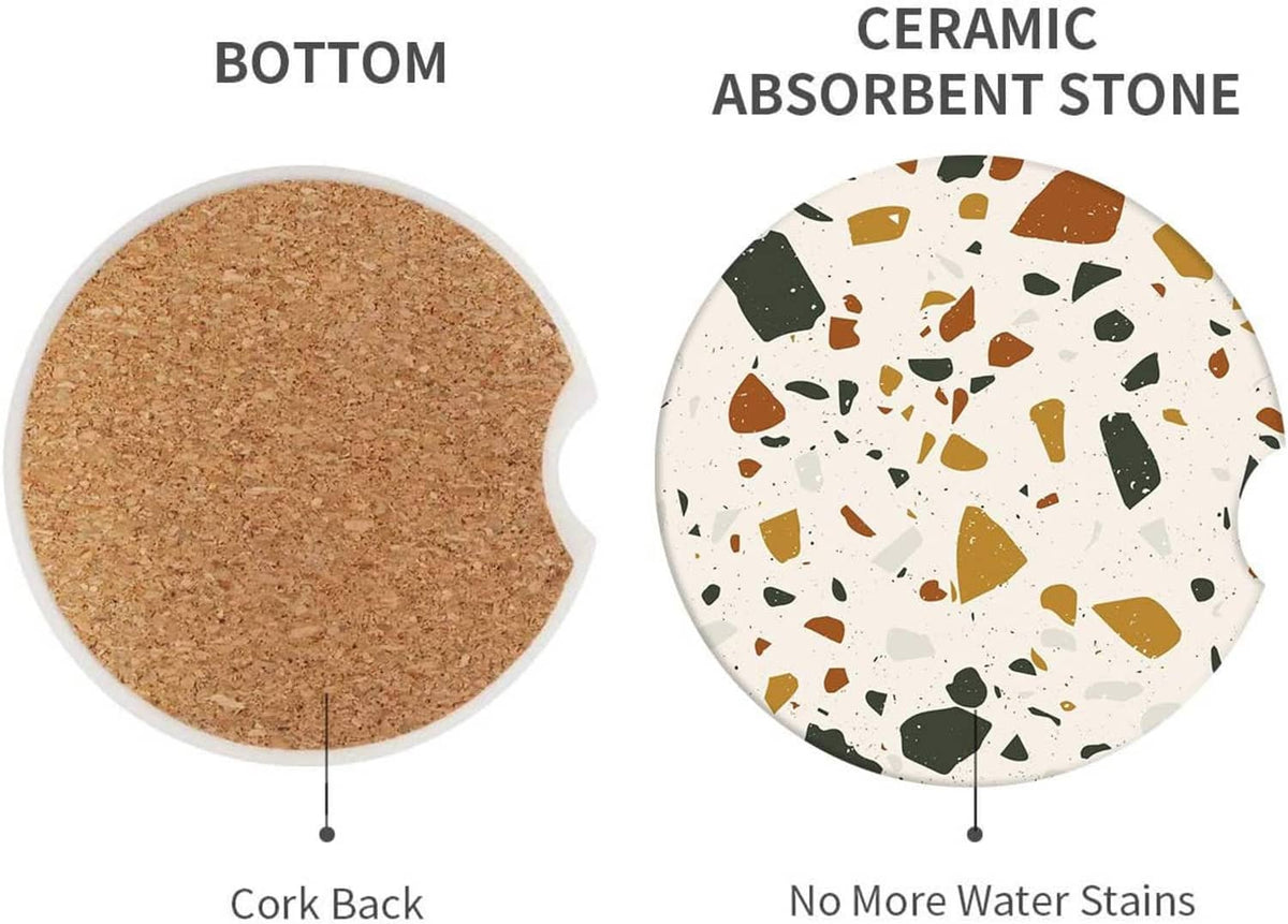 Two round coasters: cork back and speckled ceramic top for cup holders