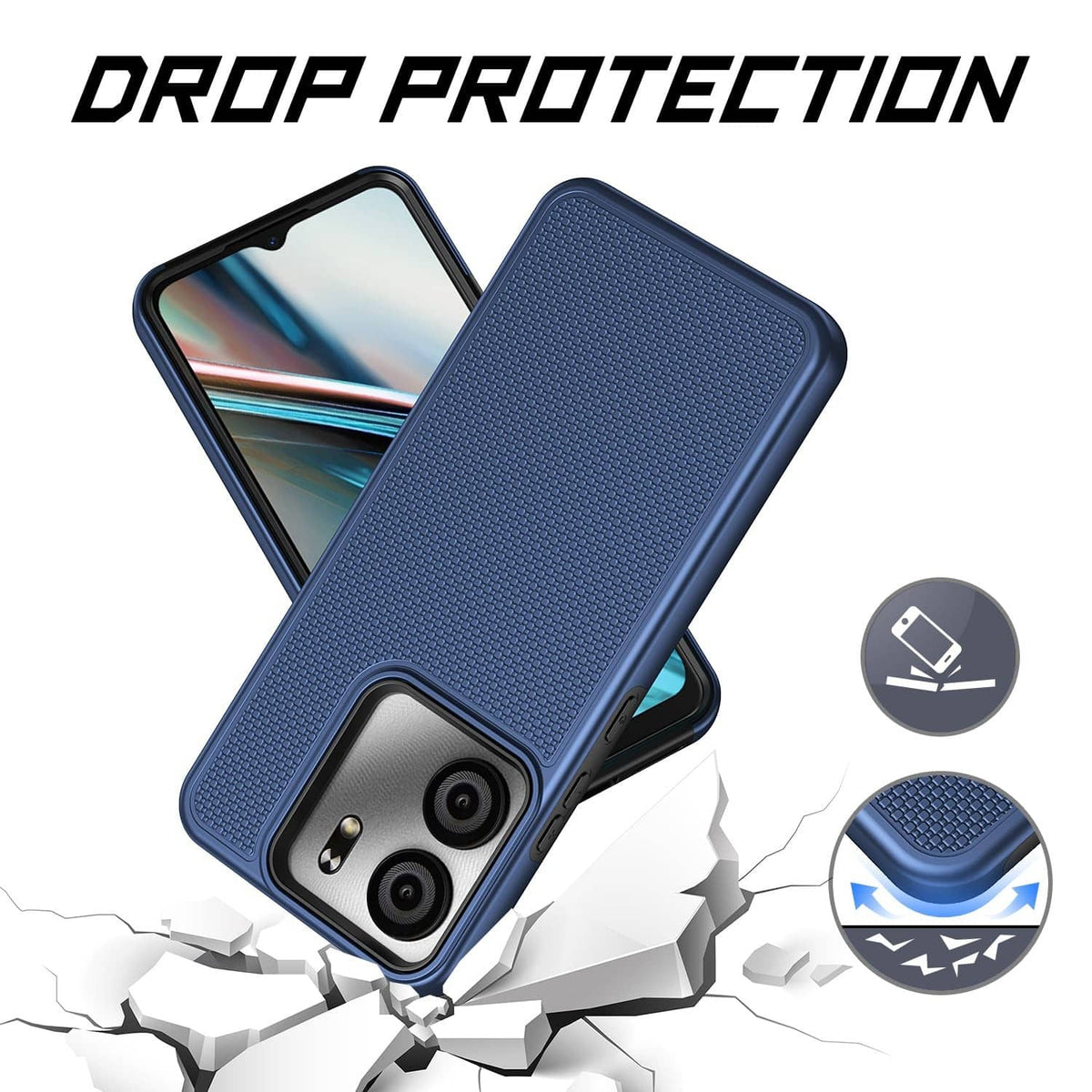 Blue rugged phone case with textured back panel and camera cutout, protective corners