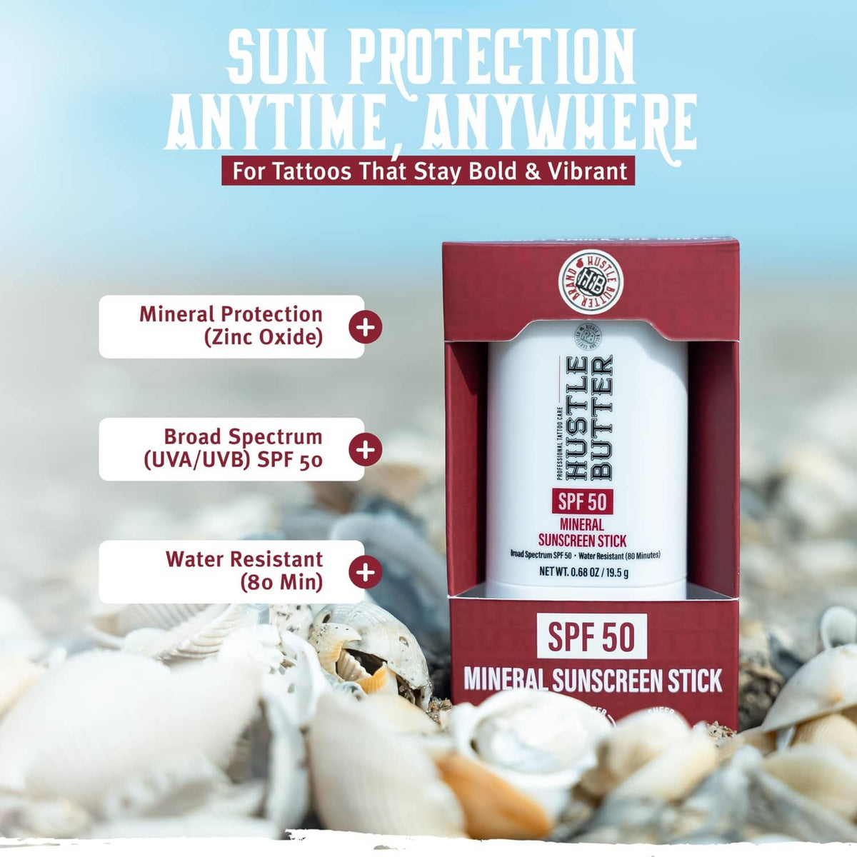 Hustle Butter SPF 50 mineral sunscreen stick for tattoos, white with red label window