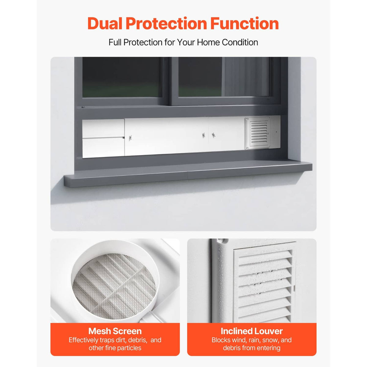 Dryer vent window kit with mesh screen and louvered vent for indoor airflow