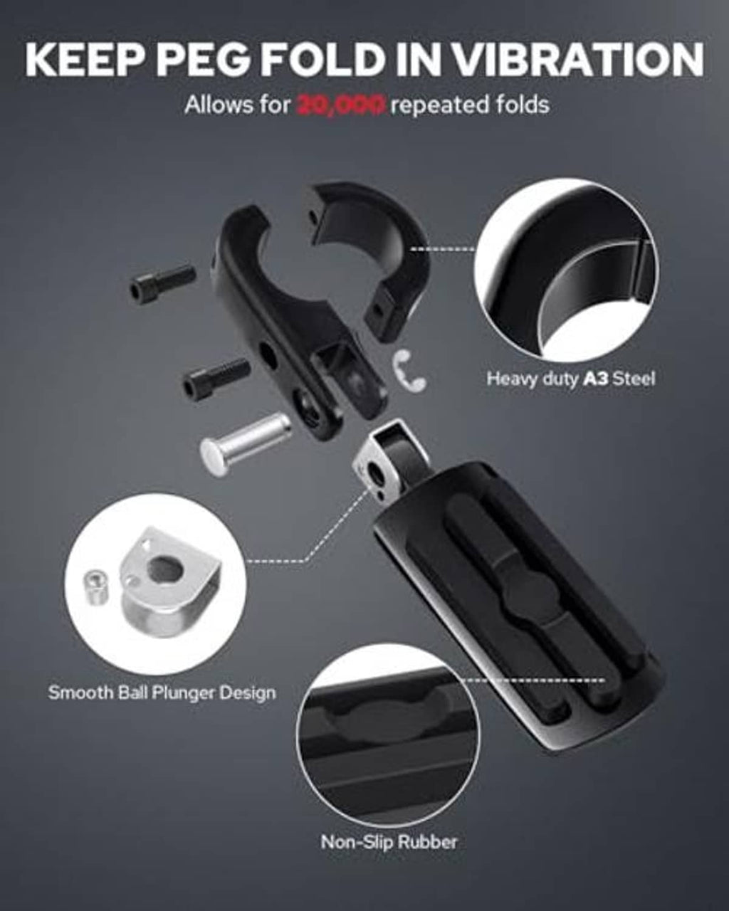 Black steel P-clamp foot pegs with non-slip rubber pads and hinge bracket