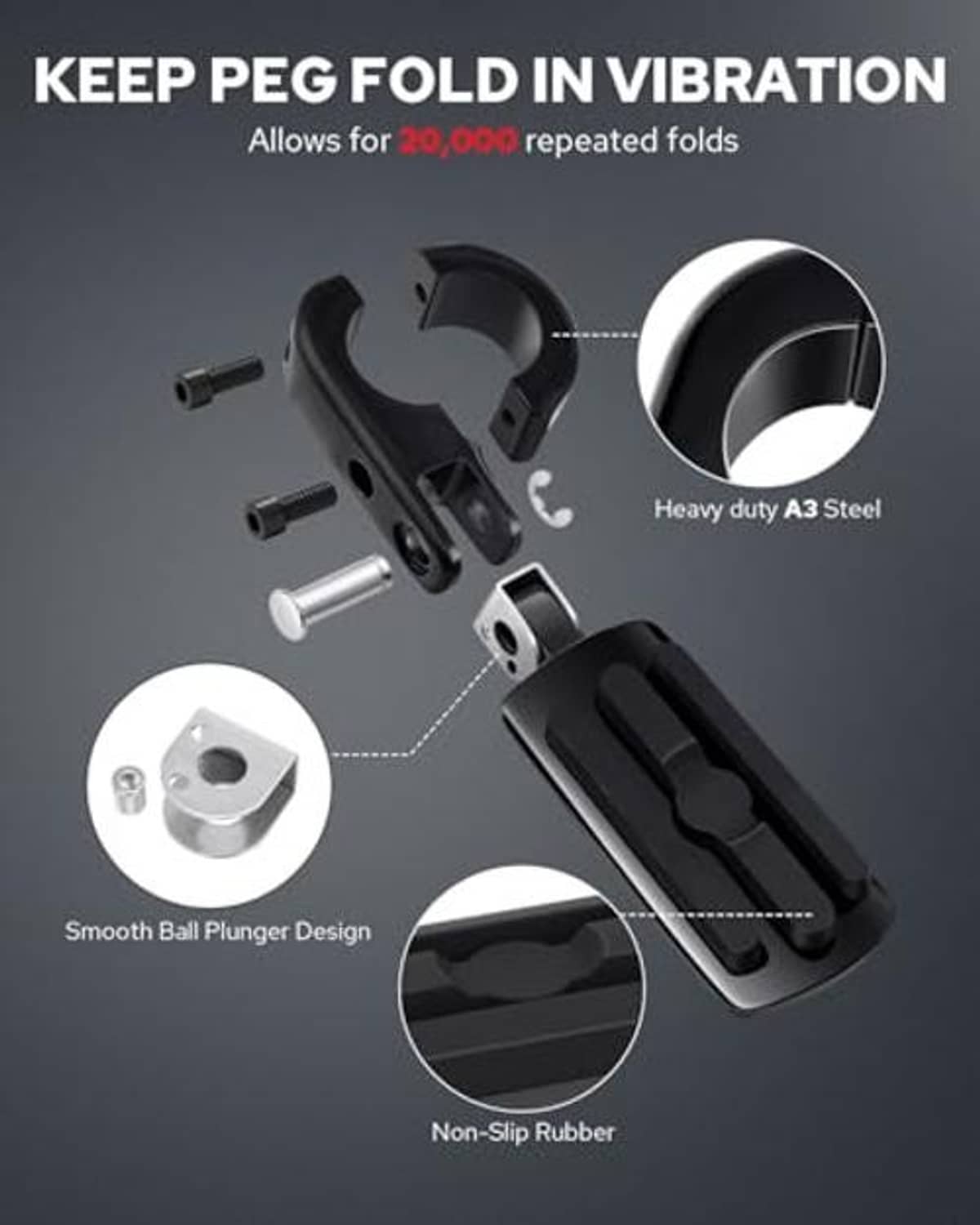 Black steel P-clamp foot pegs with non-slip rubber pads and hinge bracket