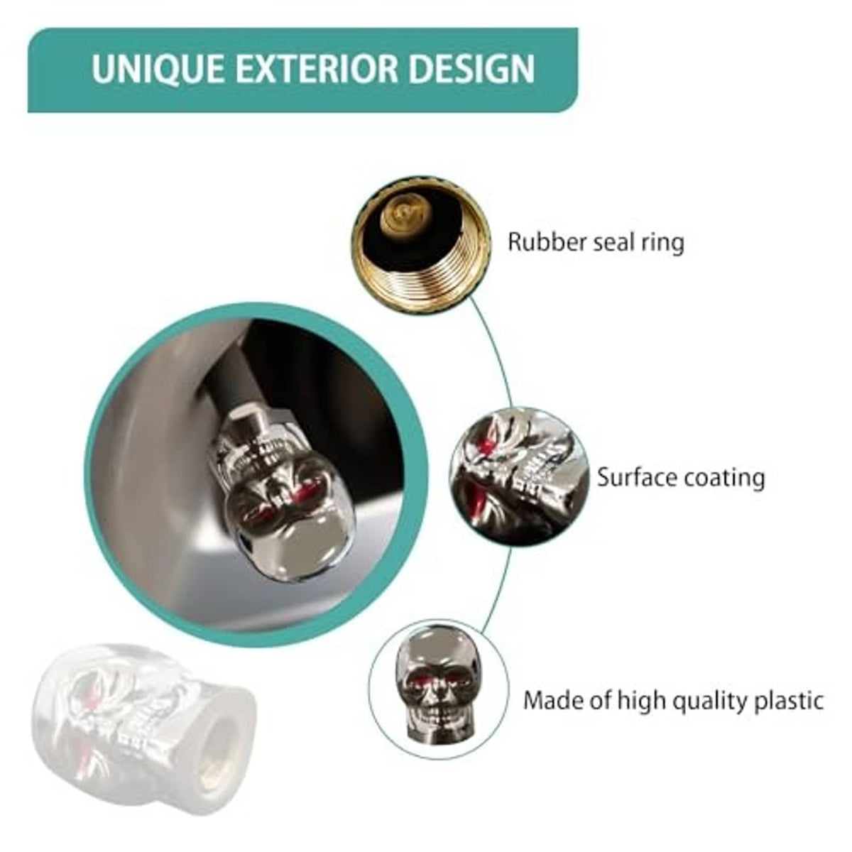 Skull tire valve stem cap with rubber seal ring and silver surface finish