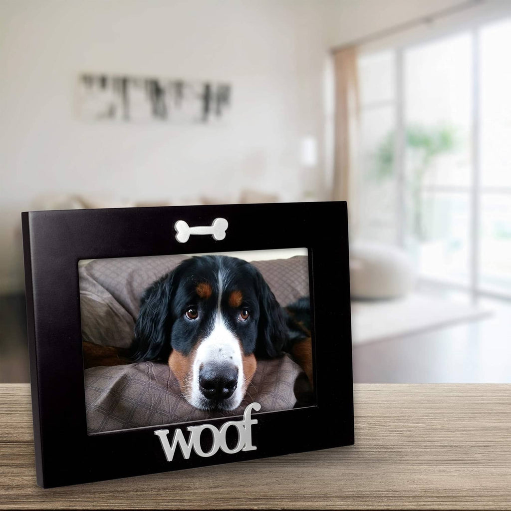 Black wood pet photo frame with bone topper and 'Woof' word detail, 4x6
