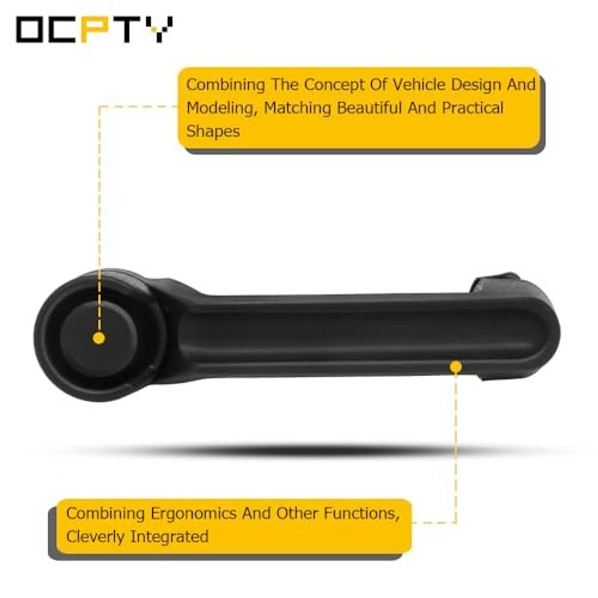 Black exterior door handle with circular bezel and integrated grip, close view