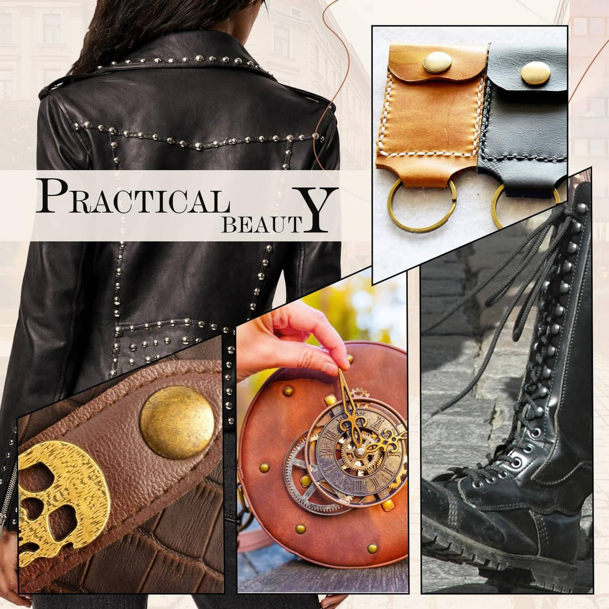 Black leather jacket with metal rivets on collar, seams, and jacket details