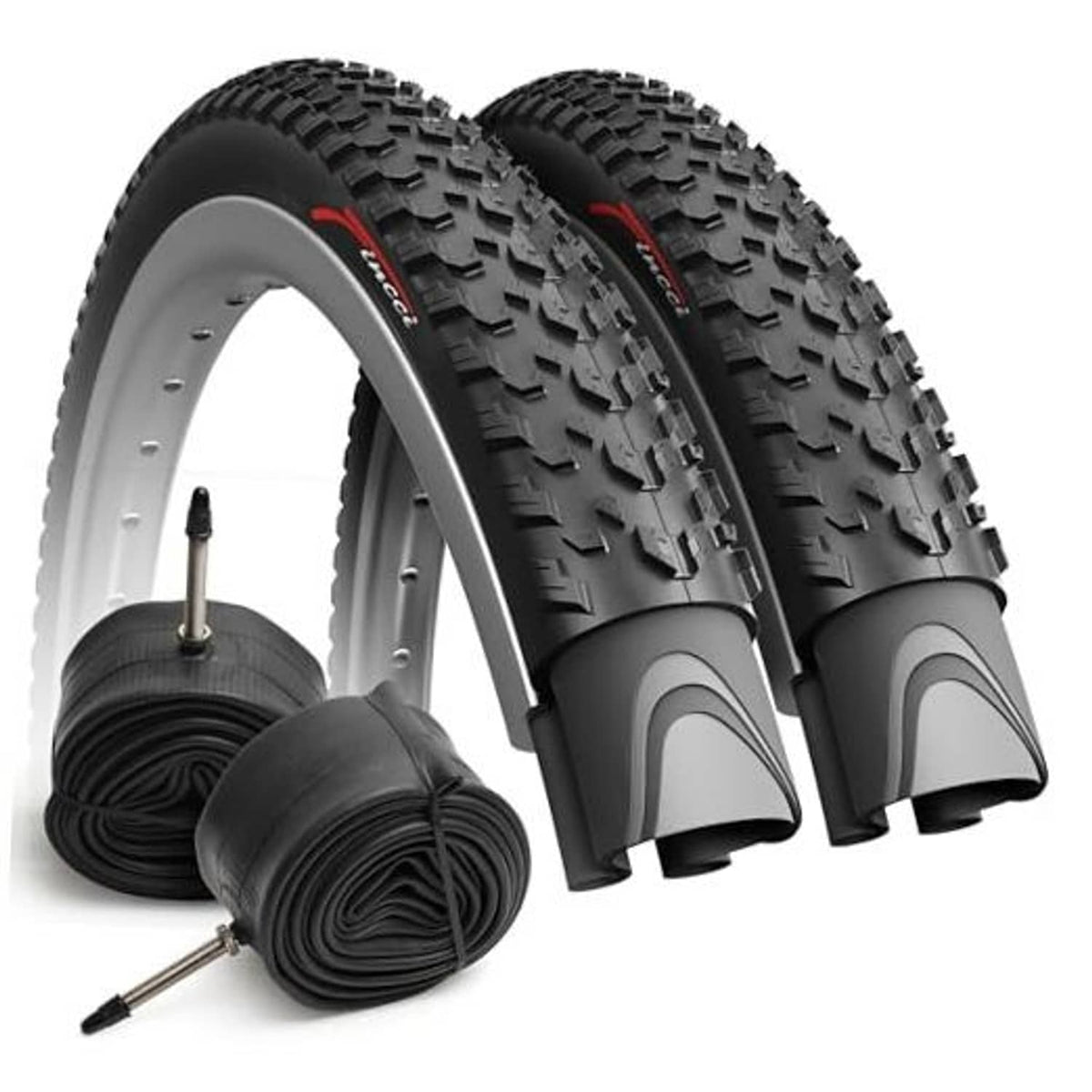 Pair of black mountain bike tires with folded inner tubes and Presta valves