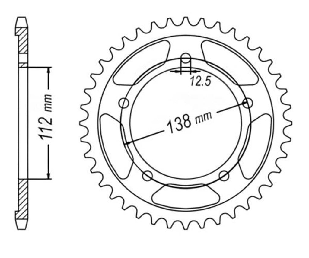 Rear sprocket size diagram showing 138 mm diameter and 12.5 mm offset