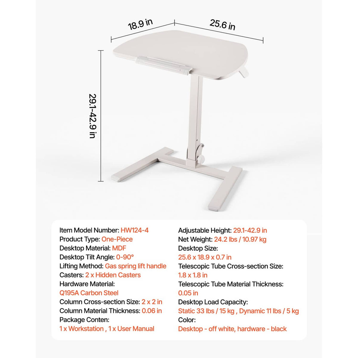 Adjustable height standing desk with rounded light tabletop and white lift frame