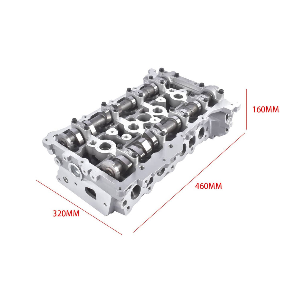Aluminum cylinder head assembly with camshaft bearings and multiple oil channels.