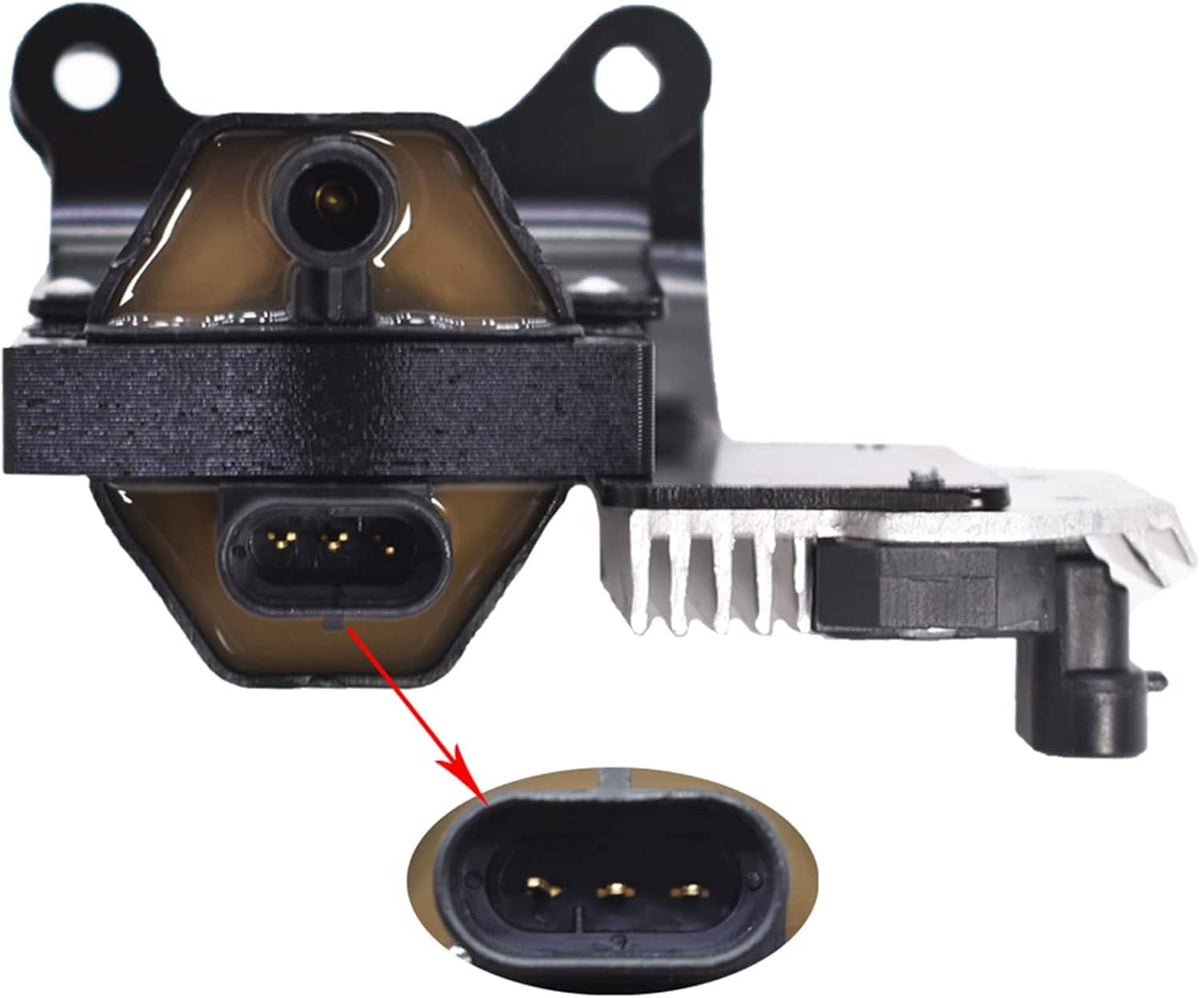 Black ignition coil and module with electrical connector and metal mounting bracket