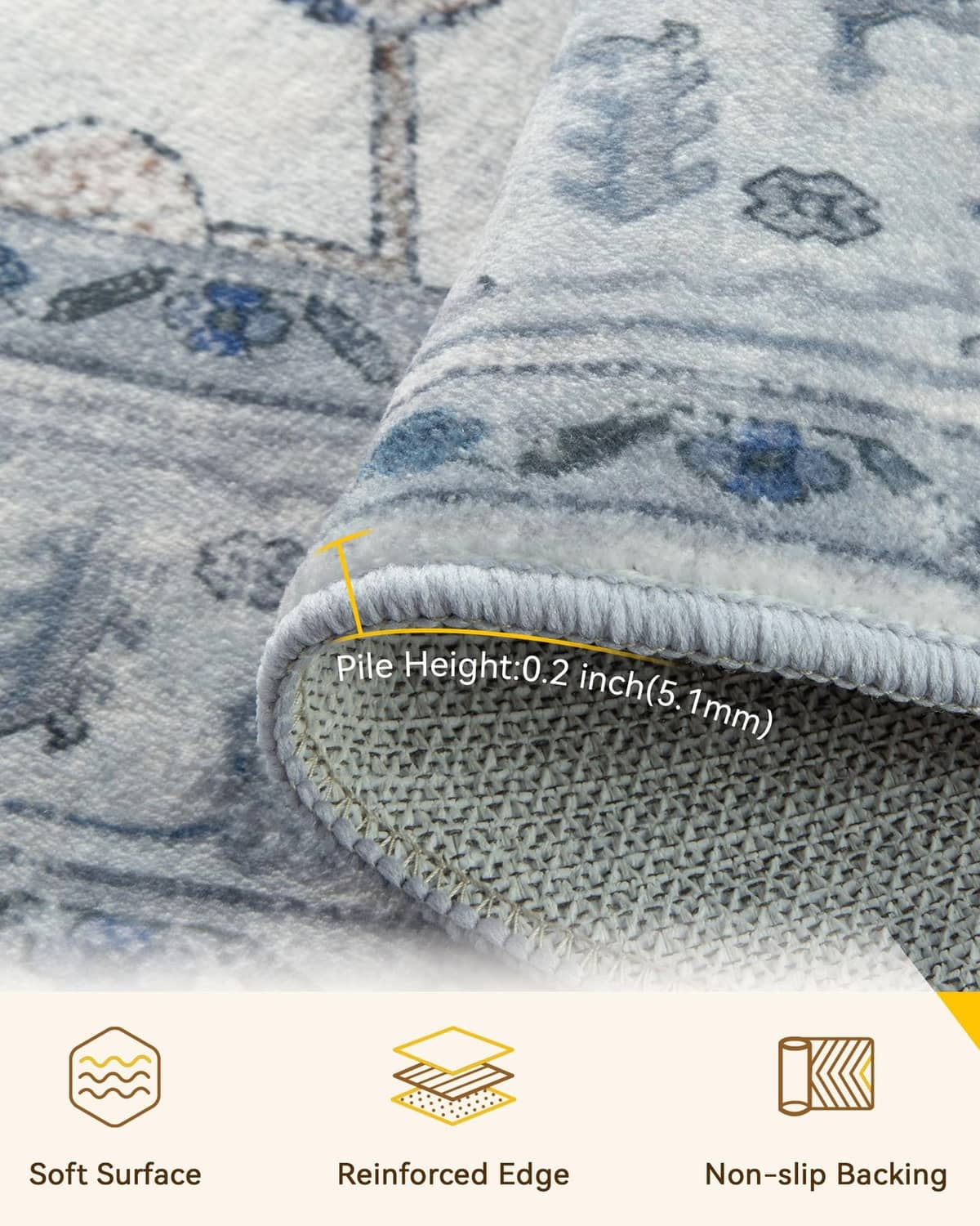 Blue-and-gray area rug corner closeup with reinforced edge and textured pile