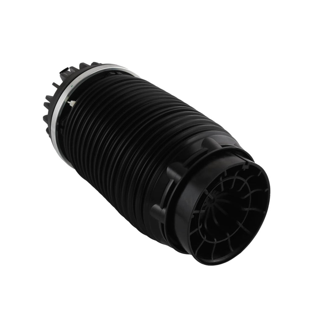 Air suspension strut angled view with ribbed black spring and open circular end