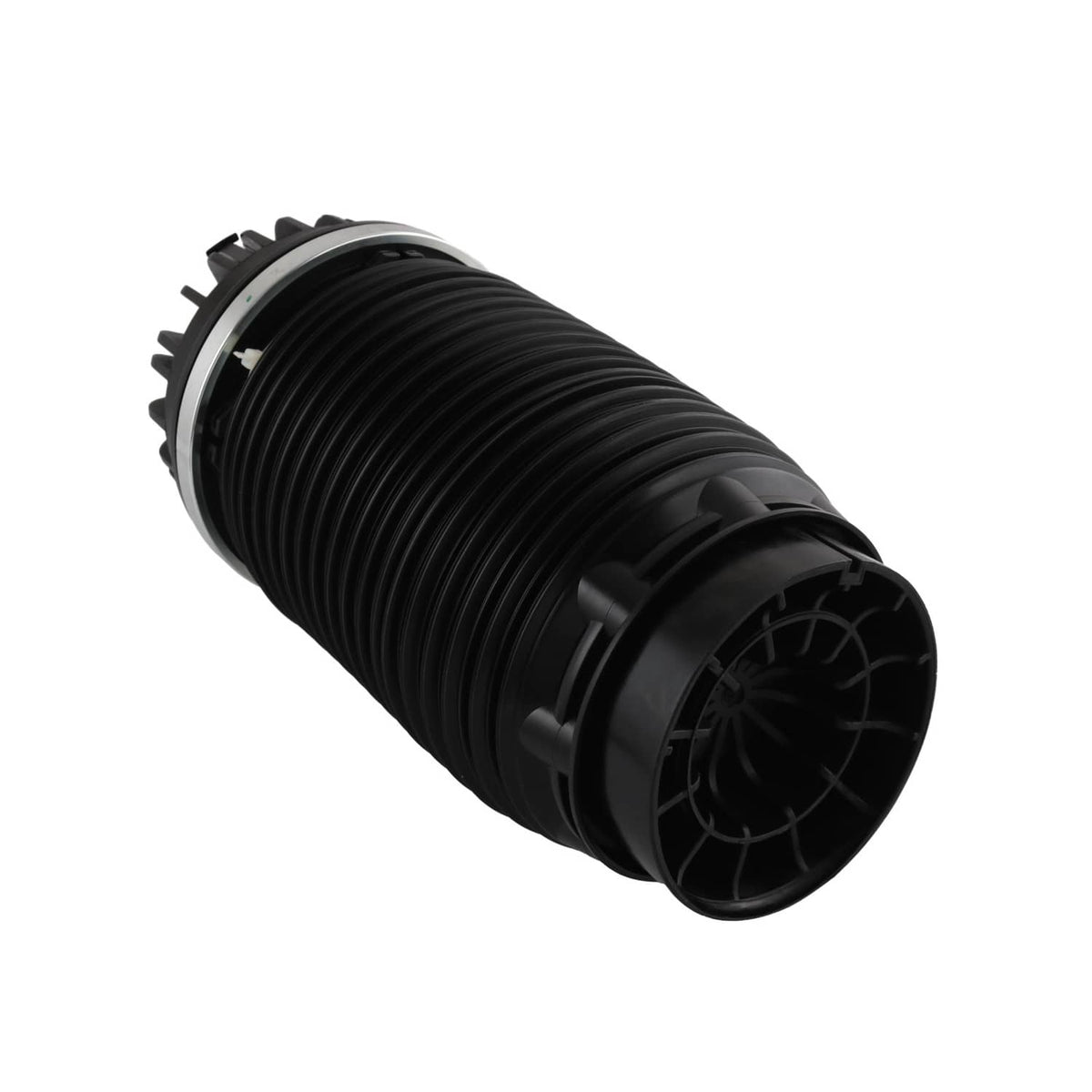 Air suspension strut angled view with ribbed black spring and open circular end