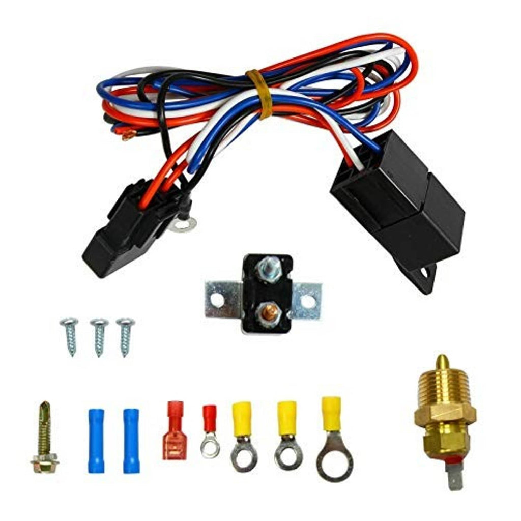 Electric radiator fan wiring harness with connectors, mounting plate, and sensor fitting