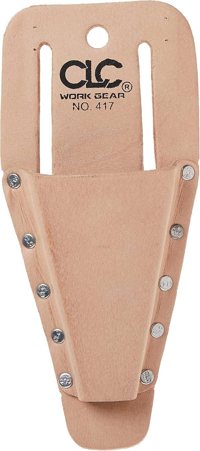 Tan leather pliers tool holder with CLC logo, two top holes, and rivets on front