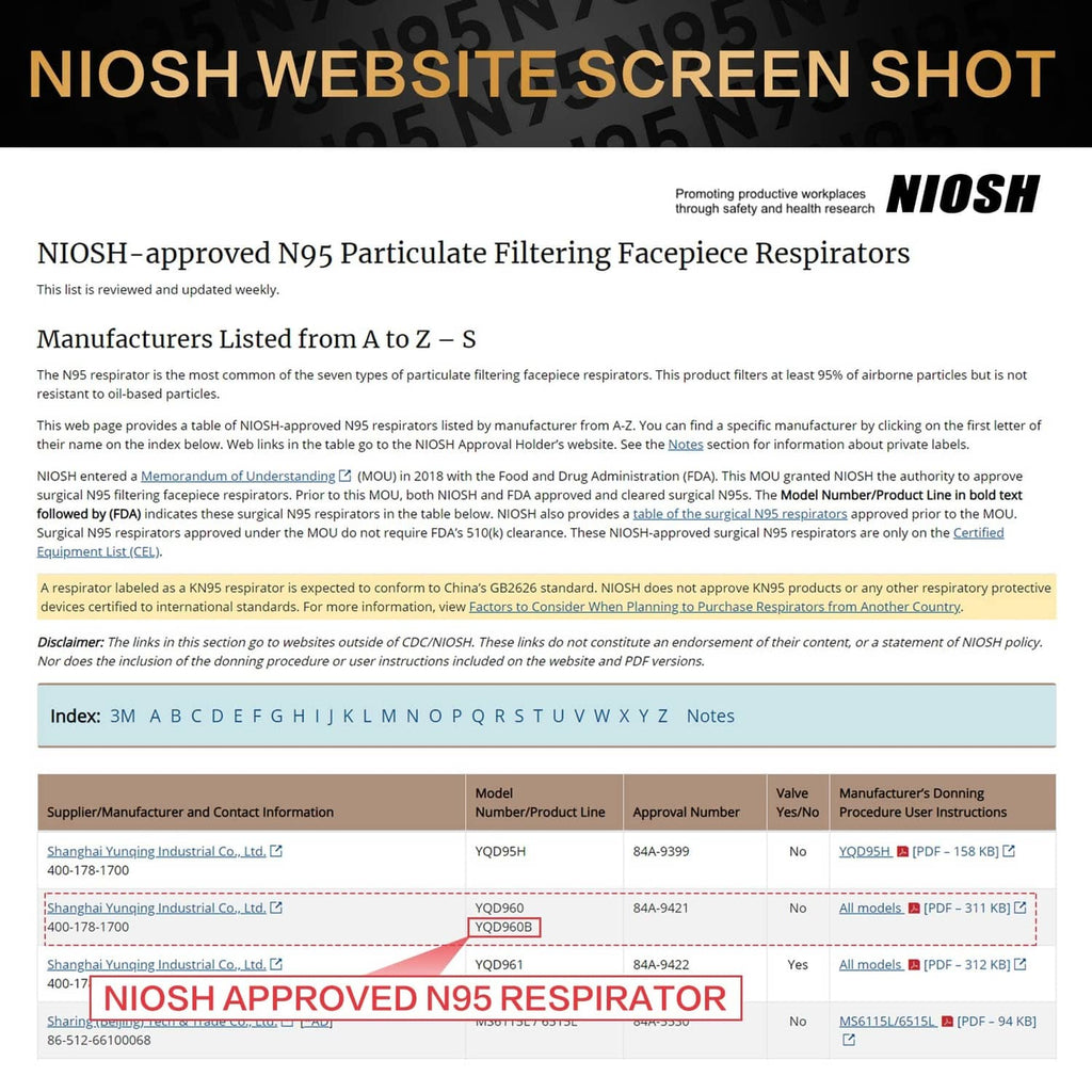 NIOSH-approved N95 respirators list page showing manufacturer and model entries