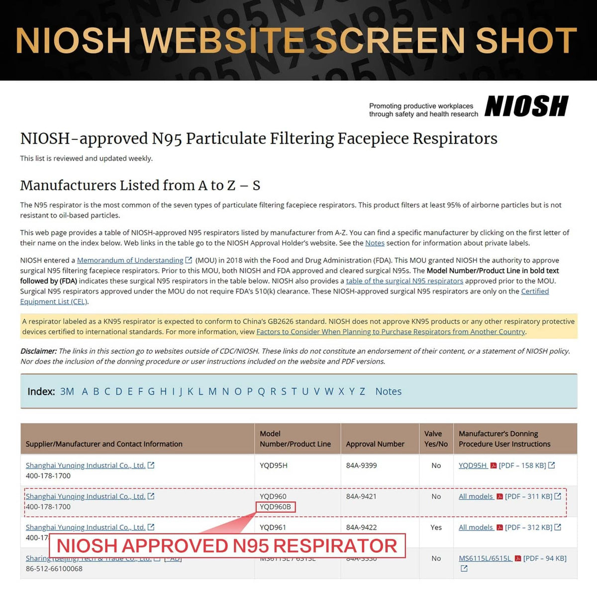 NIOSH-approved N95 respirators list page showing manufacturer and model entries