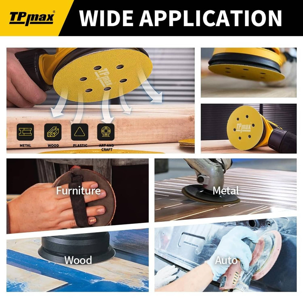 Gold 6-hole sanding disc mounted on a power sander for versatile use