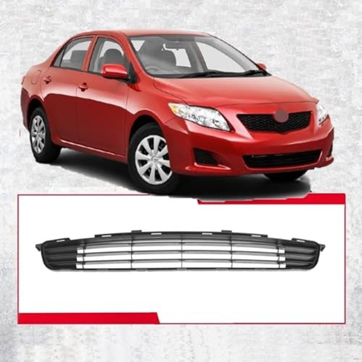 Front bumper lower grille insert, black with horizontal slats and center circular opening