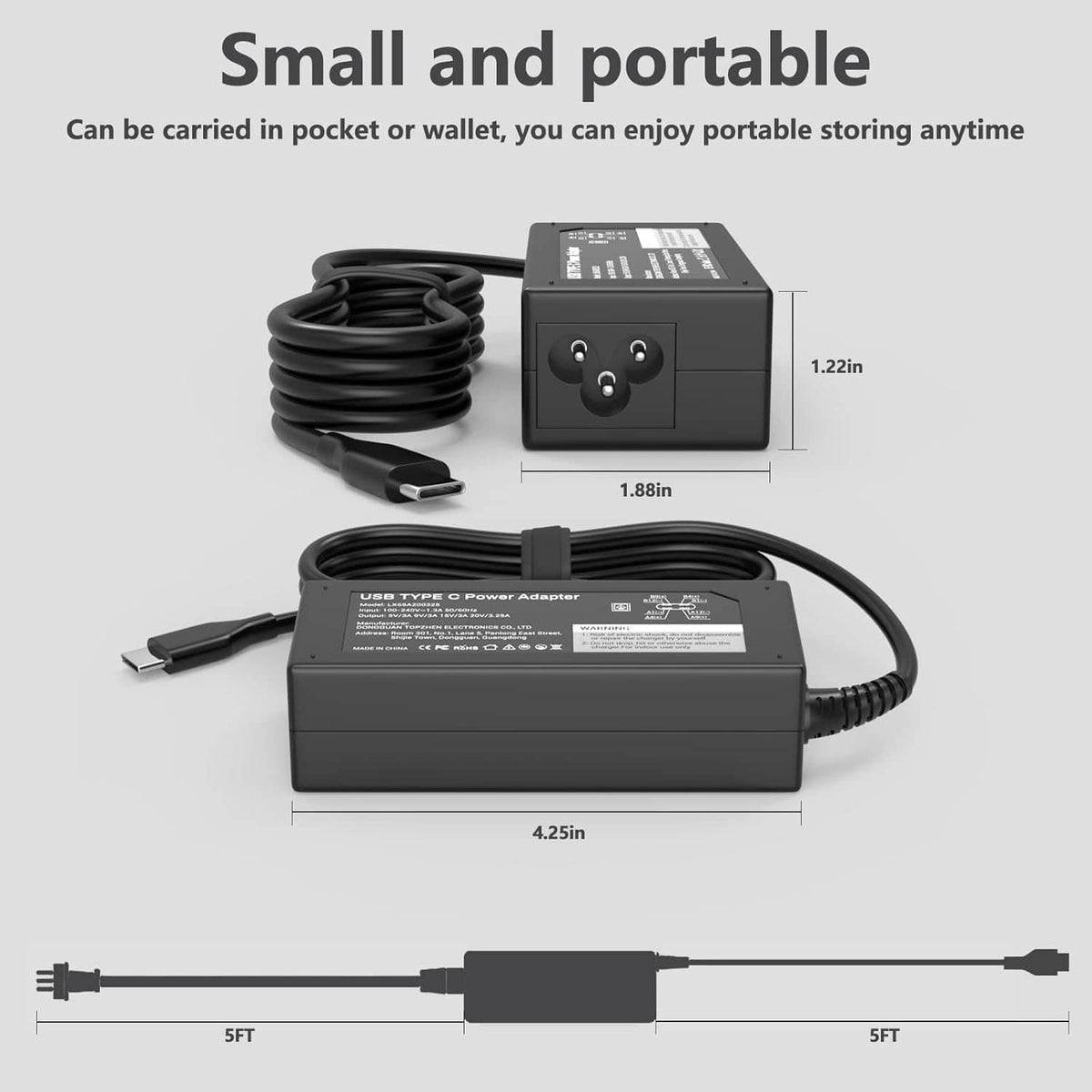 Portable black USB-C laptop charger kit with power brick and long cable