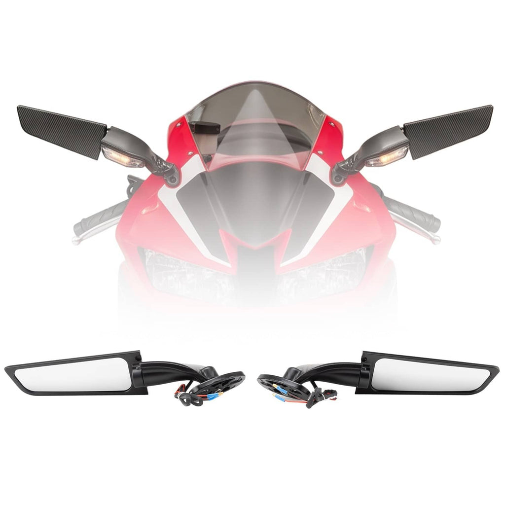 Motorcycle LED rearview mirrors with clear lens, black housings, and cable leads
