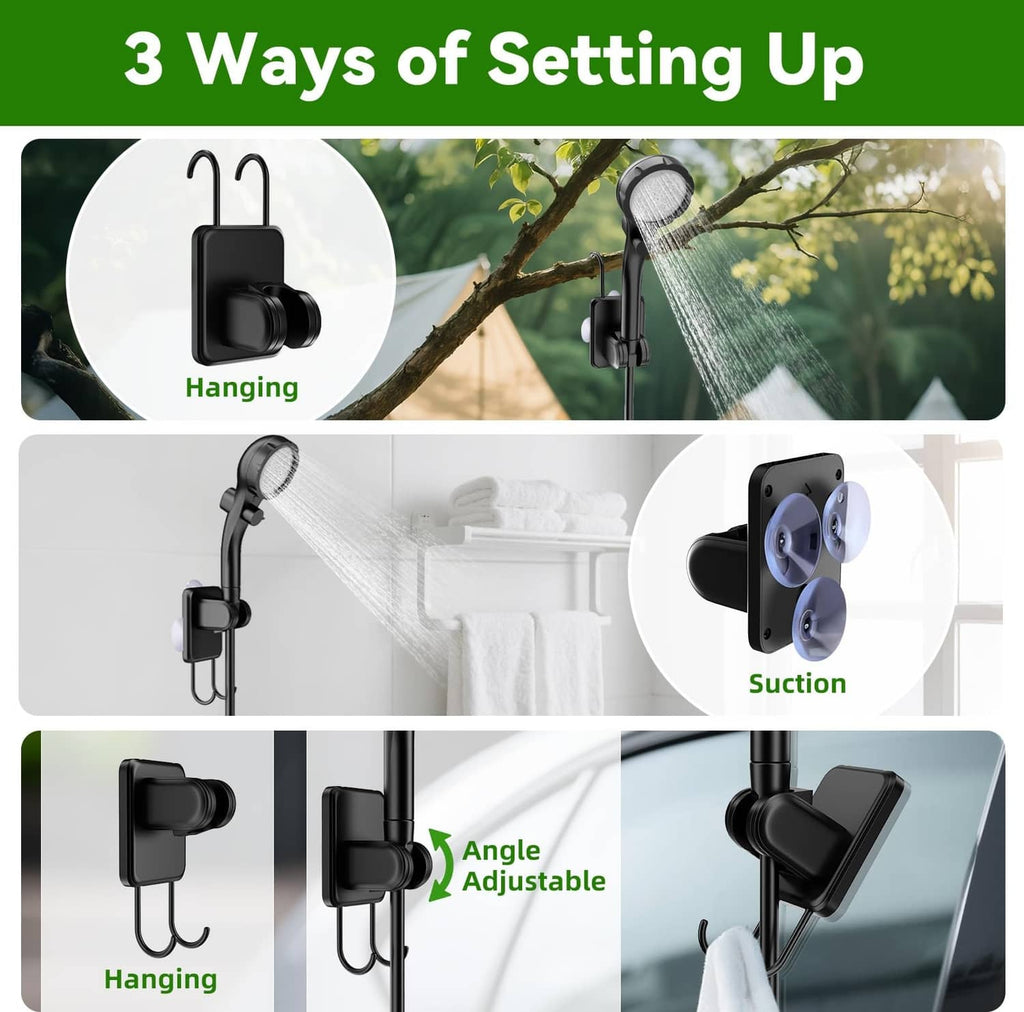 Portable shower setup with hanging hook, suction mount, and adjustable angle sprayer head