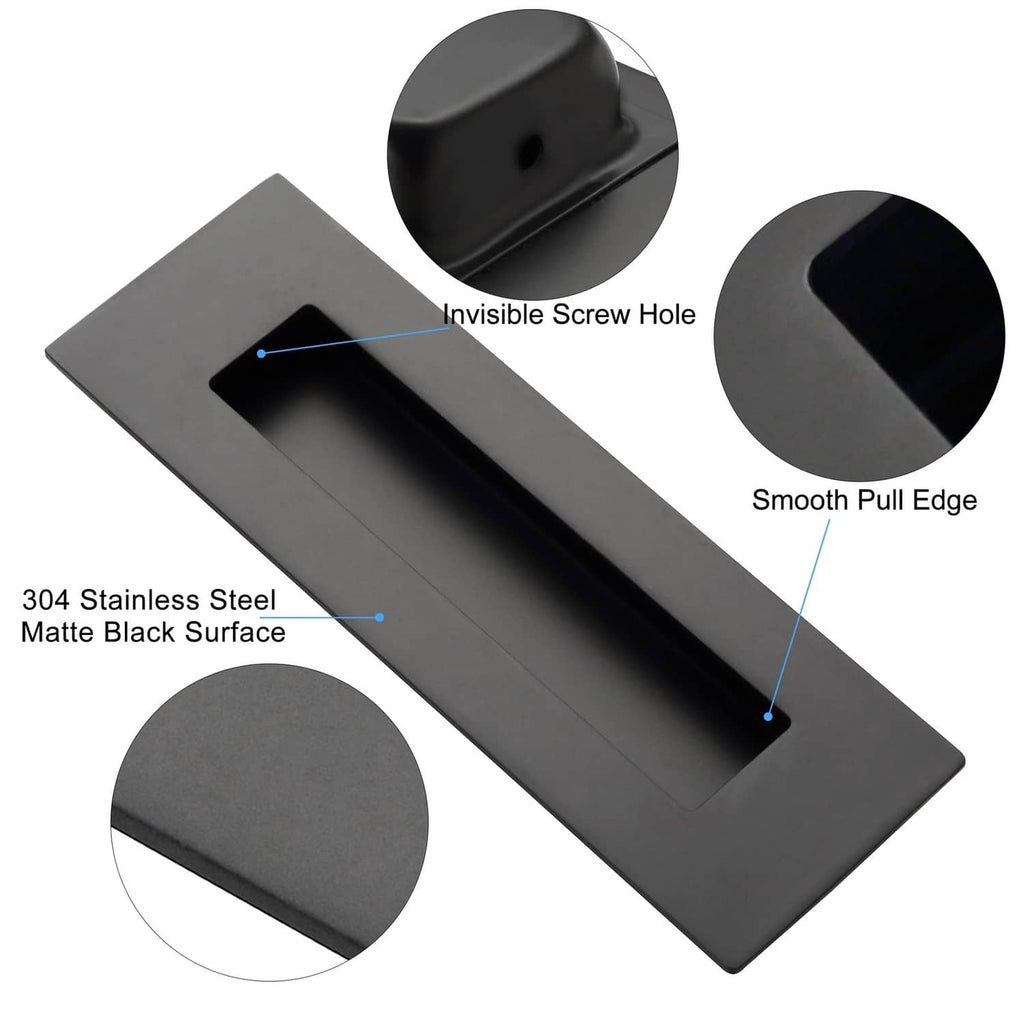 Matte black stainless steel recessed finger pull with hidden screw hole and smooth edge