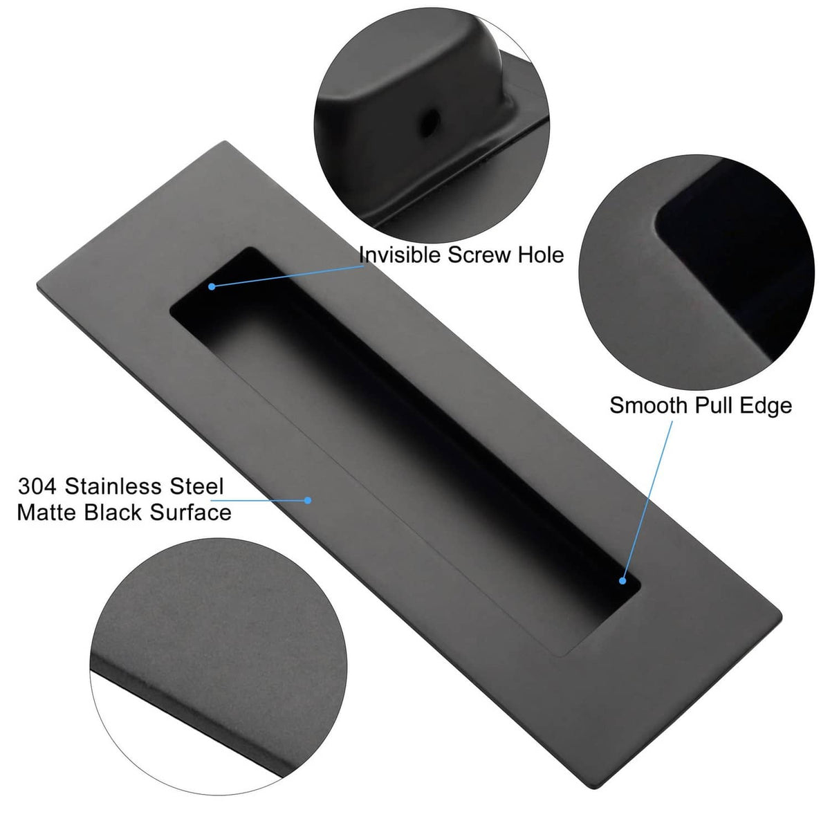 Matte black stainless steel recessed finger pull with hidden screw hole and smooth edge