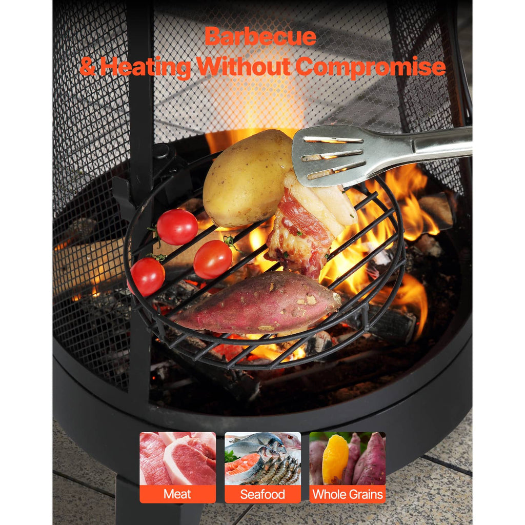 Outdoor chiminea firepit with grill grate holding food over open flames