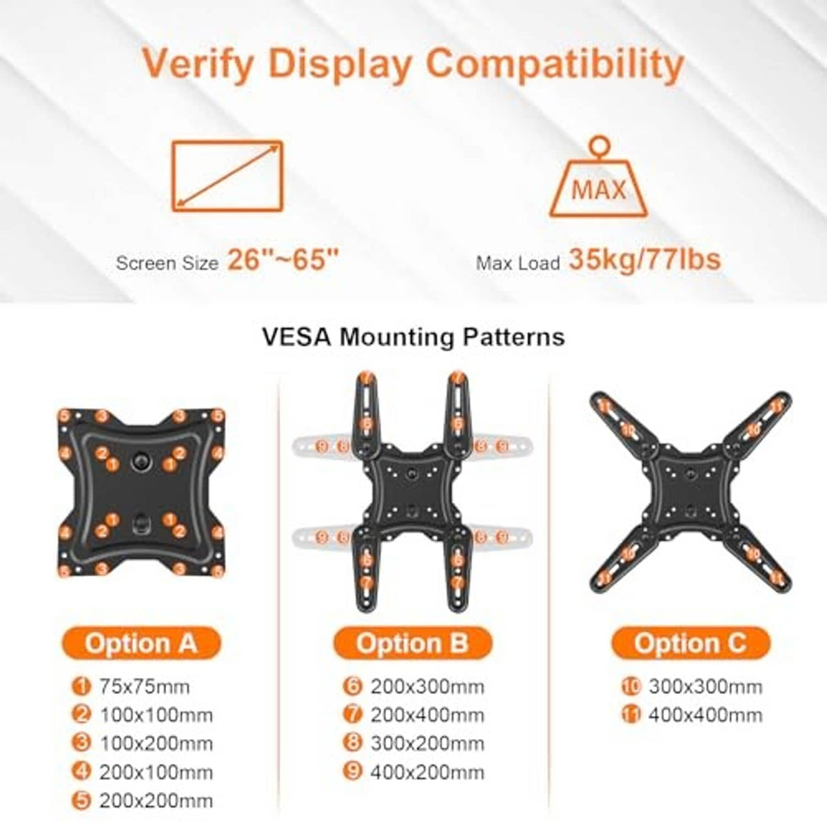 Black TV wall mount bracket with VESA mounting pattern options and size limits