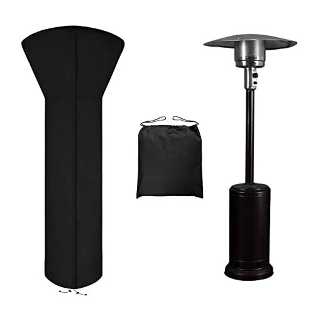 Black patio heater cover with adjustable cord hem and matching storage bag.