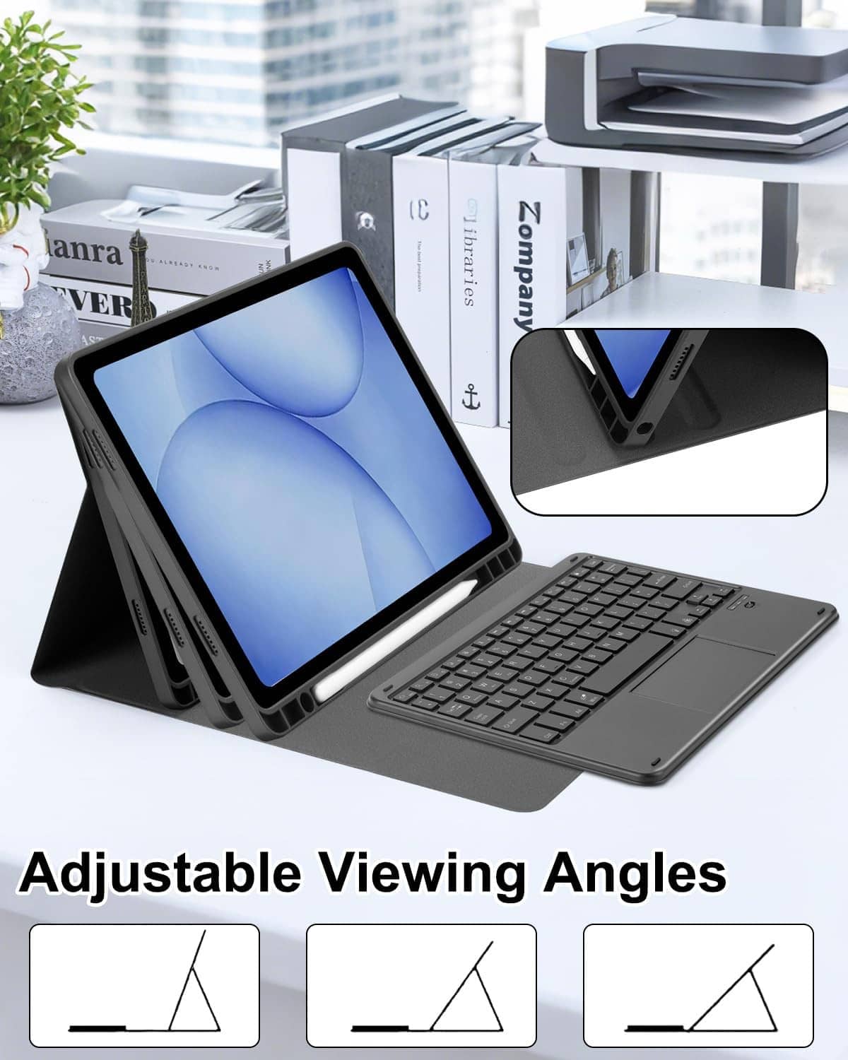 Black folio keyboard case with adjustable viewing angles and rainbow backlit keys